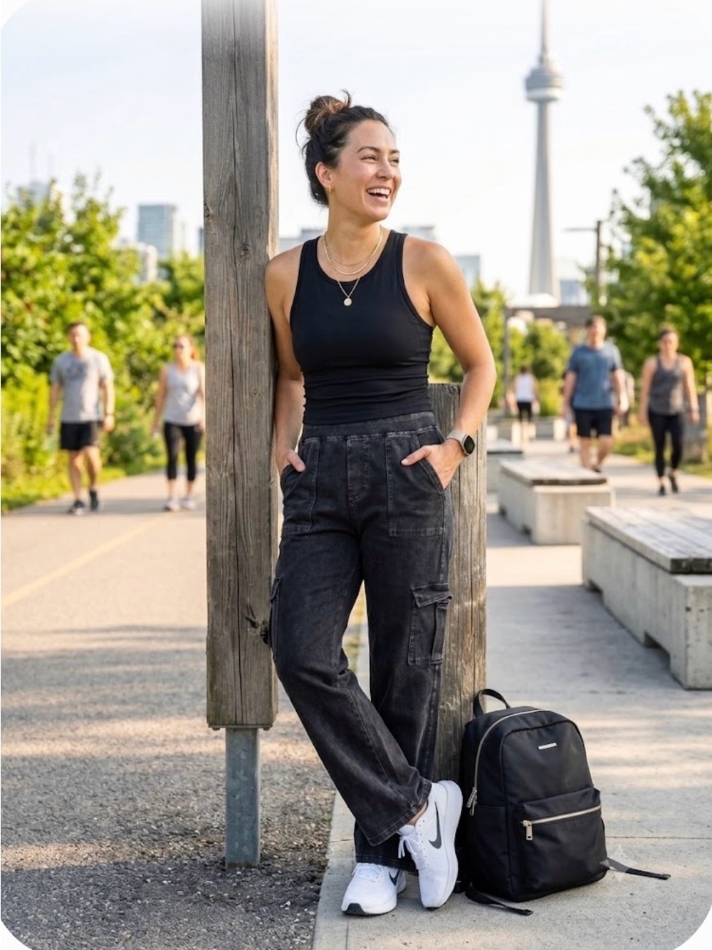 HALARA High Waisted Acid Wash Utility Cargo Pants Black Grey XL